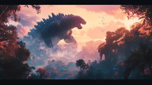 Colossal reptilian titan strides through glowing jungle dawn.