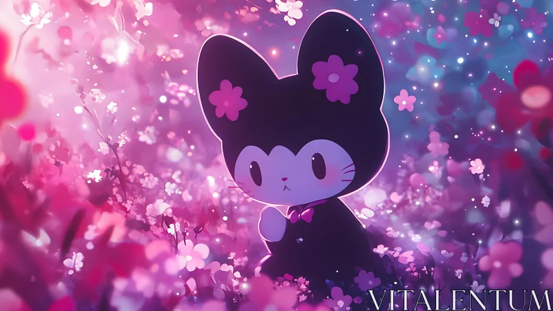 Kawaii black cat character glows in a neon floral bokeh field