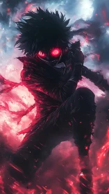 Stormlit shadow warrior wrapped in neon crimson flames.