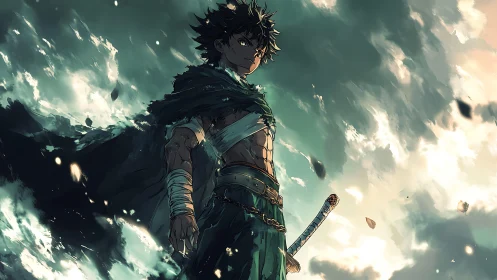 Stormlit wanderer with torn cloak and quiet, rising power.