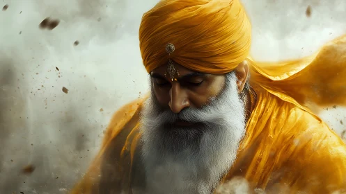 Elderly Sikh warrior in orange turban amid swirling dust.
