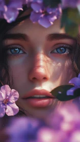 Hyperreal close-up portrait with floral bokeh and soft rim lighting