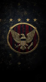 Golden eagle emblem on distressed patriotic backdrop.