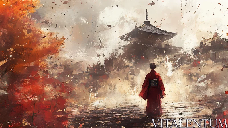 Autumn kimono figure before misted pagoda, dynamic brushwork.