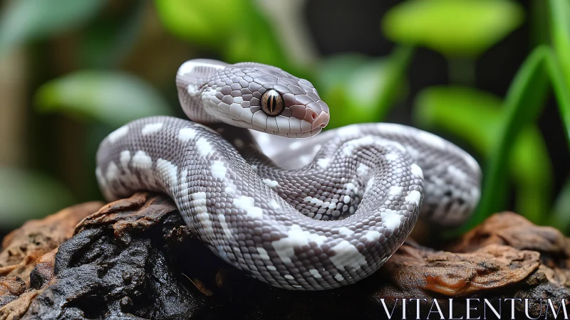 Gray patterned snake coiled on textured branch surface.