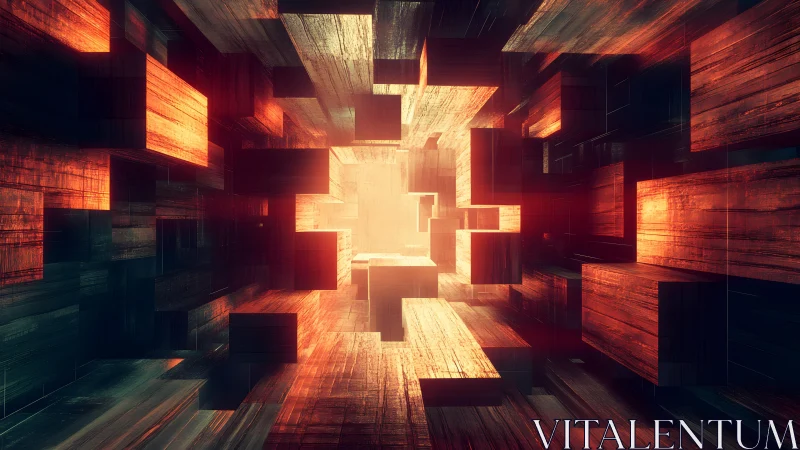 Abstract geometric interior with glowing cubes in digital art style.