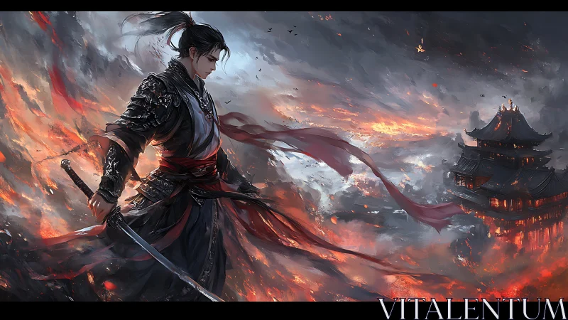 Solitary armored swordsman stands before distant burning fortress