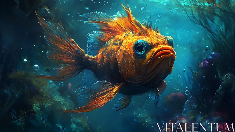 Vibrant orange fish in detailed fantasy underwater scene.