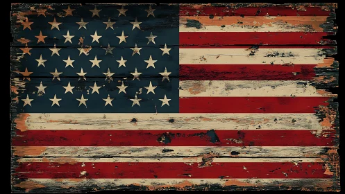 Weathered American flag rendered on distressed wood planks.