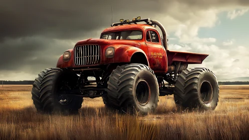 Rust-red monster truck dominating stormlit grasslands.