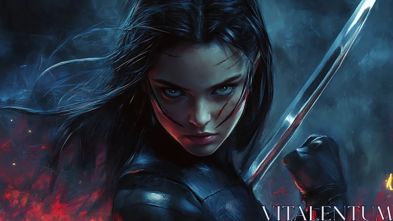 Fierce cyberpunk warrior with sword in burning stormscape.