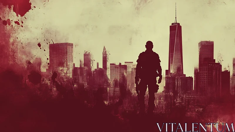 Silhouetted soldier figure before stylized urban skyline.