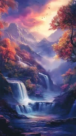 Fantasy cascades beneath iridescent twilight sky in Digital painting.