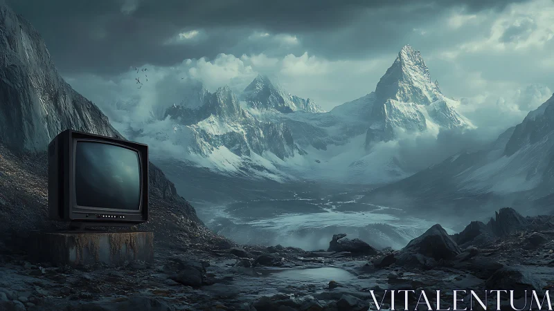 CRT television in desolate snowcapped mountain valley.