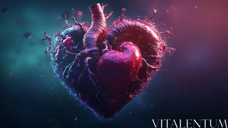 Luminous Heart with Fluid Dynamics: Cybernetic Organ in Neon Dissolution