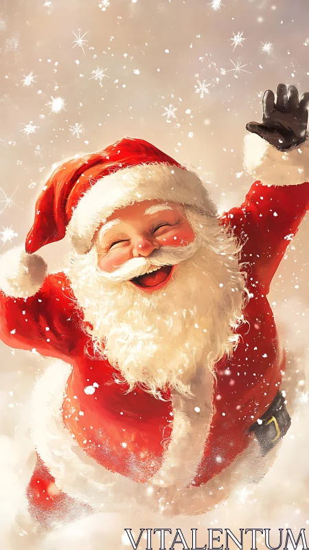 Joyful red-suited Santa in dynamic snowfall illumination.