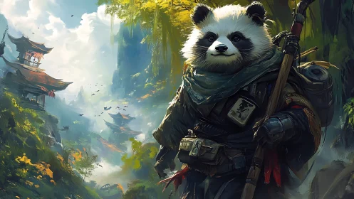 Panda warrior explorer in lush fantasy mountain landscape.
