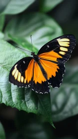 Monarch-like butterfly rests on fresh green leaf surface