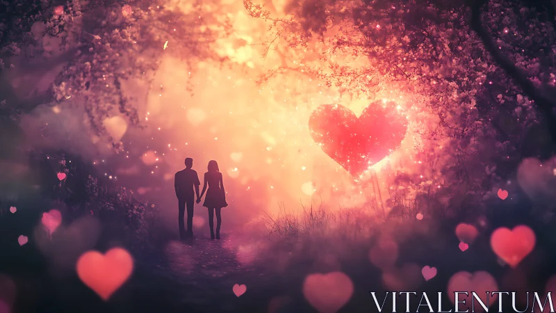 Silhouetted couple holding hands beneath luminous heart in enchanted forest.