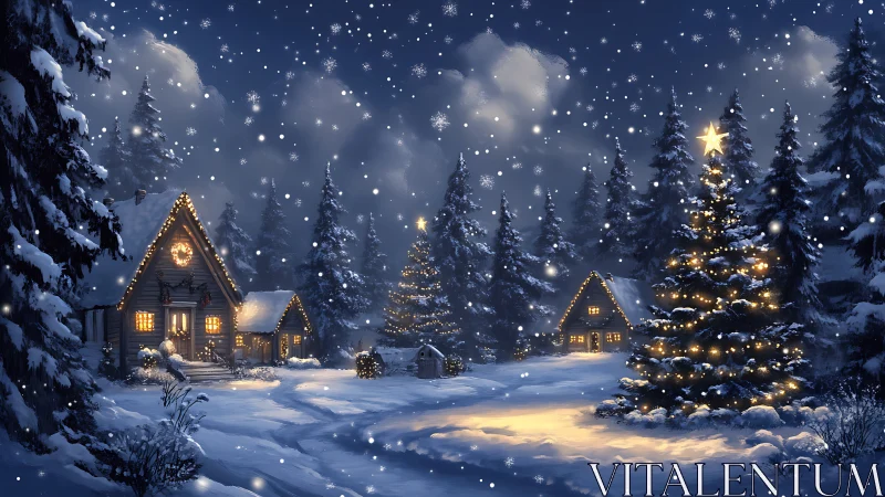 Snow-laden forest cottages under illuminated Christmas tree lights