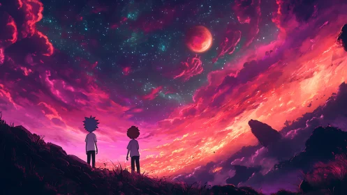 Two young dreamers gaze into a vibrant cosmic sunset sky