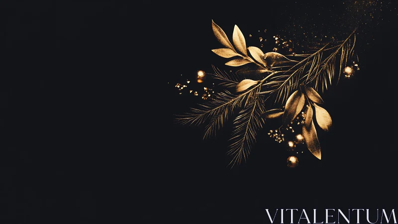 Gold botanical spray on black minimal festive background.