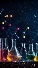 Colorful lab flasks glow under cosmic scientific particles