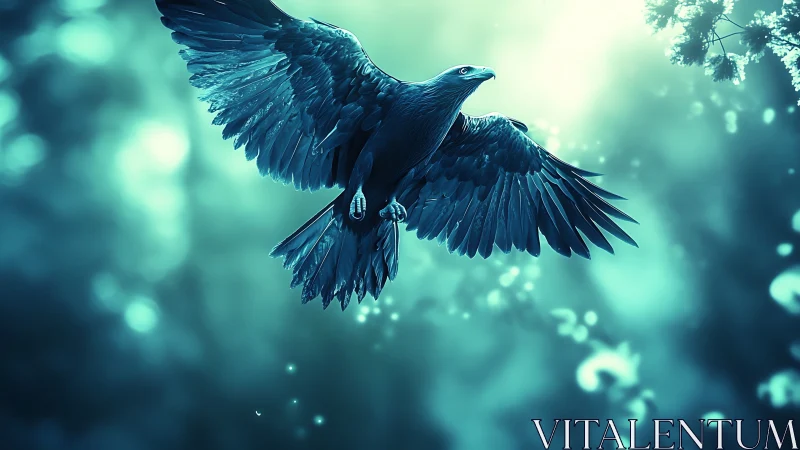 Majestic Eagle in Flight Over Dreamy Forest, Digital Art Style.