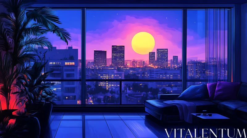 Neon city sunset glows beyond a tranquil modern apartment