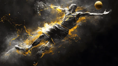 Soaring basketball player stretches toward a glowing hoop shot