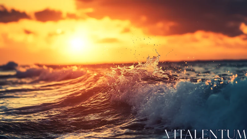 High-contrast ocean wave crest under intense sunset backlight