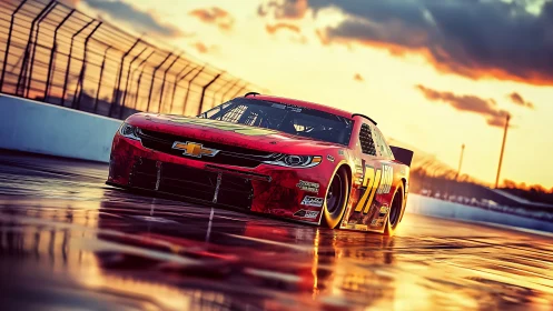 Sunset-soaked stock car carves reflections across wet track