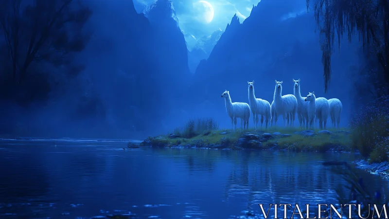 White llamas by river in blue moonlit mountain valley.