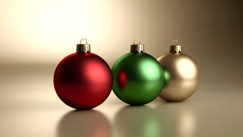 Triad of glossy Christmas baubles under soft studio lighting