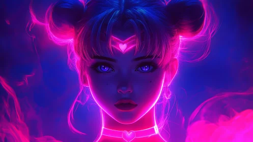 Neon cyber sorceress stares through glowing violet haze
