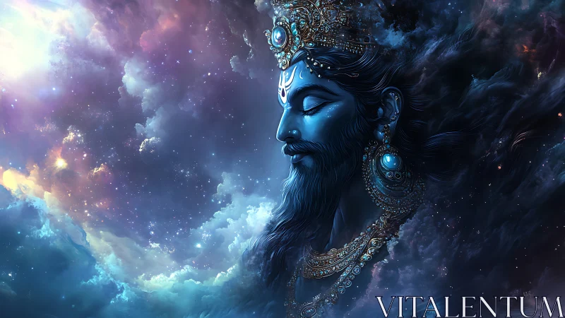 Cosmic blue deity portrait emerging from luminous nebulae