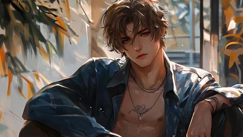 Moody young man in open shirt under warm dappled sunlight