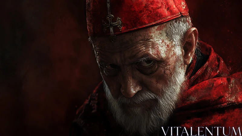 Haunting portrait of a bloodstained cardinal in shadowed red.