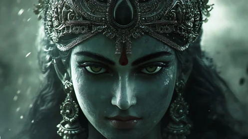 Symmetrical goddess portrait with high-detail metallic crown rendering