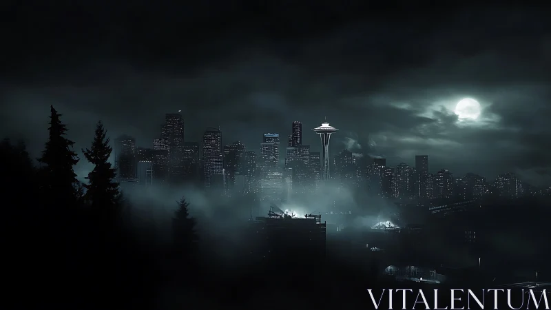 Fog-draped night city skyline glows beneath a full moon