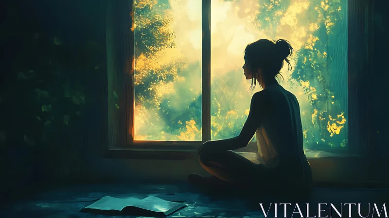 Silhouetted reader watches glowing forest beyond window