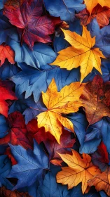 Vibrant maple leaves form bold blue, red, and gold pattern