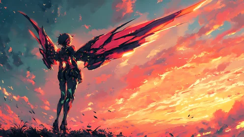Winged cyber angel gazes across a blazing sunset sky.