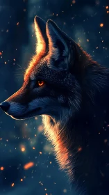 Lone ember-lit wolf gazes into a glowing midnight forest
