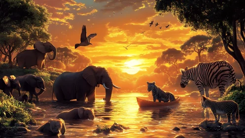 Sunset river safari with playful elephants and zebras gathered.