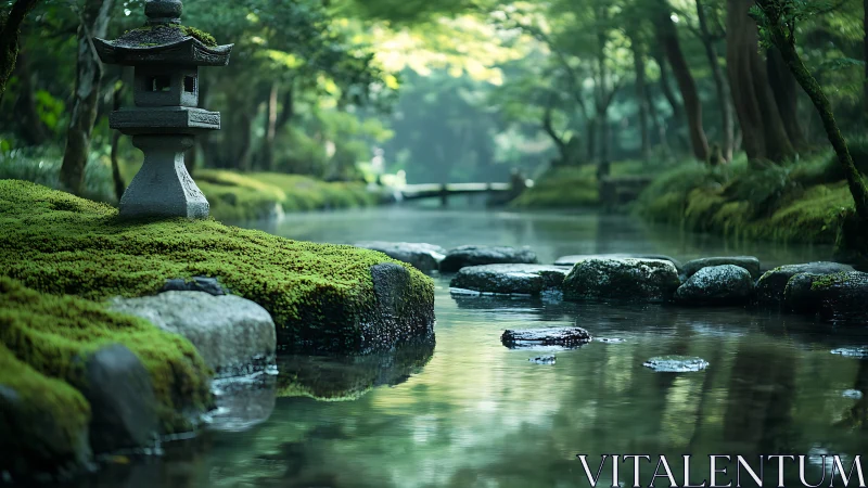 Mossy stone lantern beside reflective stream in tranquil garden