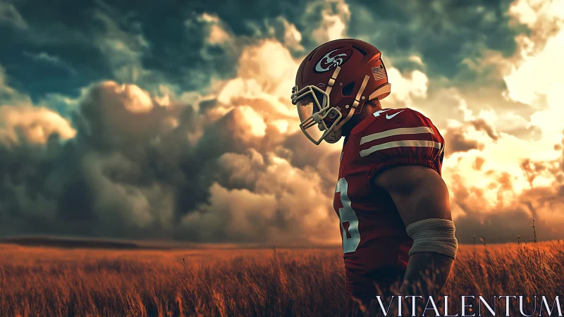 Football player in storm-lit field under dramatic clouds.