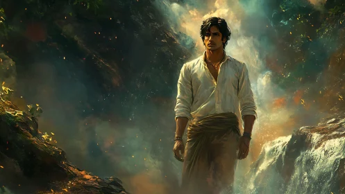 Solitary wanderer in misty rainforest gorge, cinematic lighting