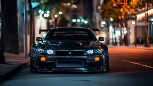 Midnight city streets meet a gleaming tuned sports icon.