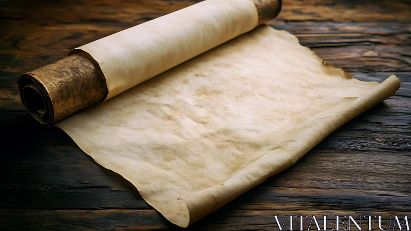 Old parchment scroll unrolled on dark wooden surface.